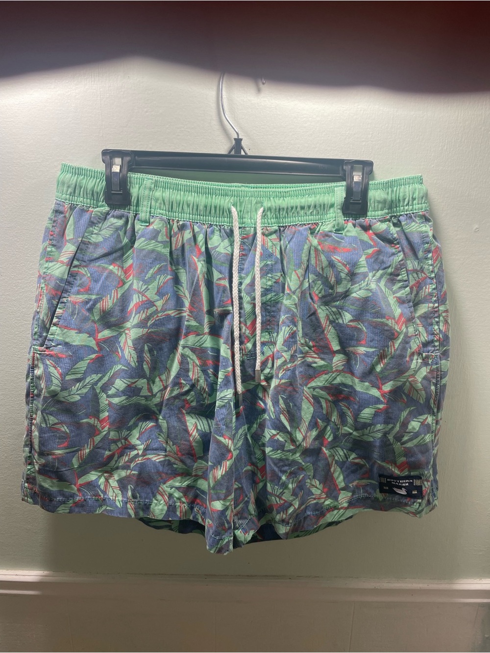 Southern Marsh Tropical Print Swim Trunks in Mint & Blue